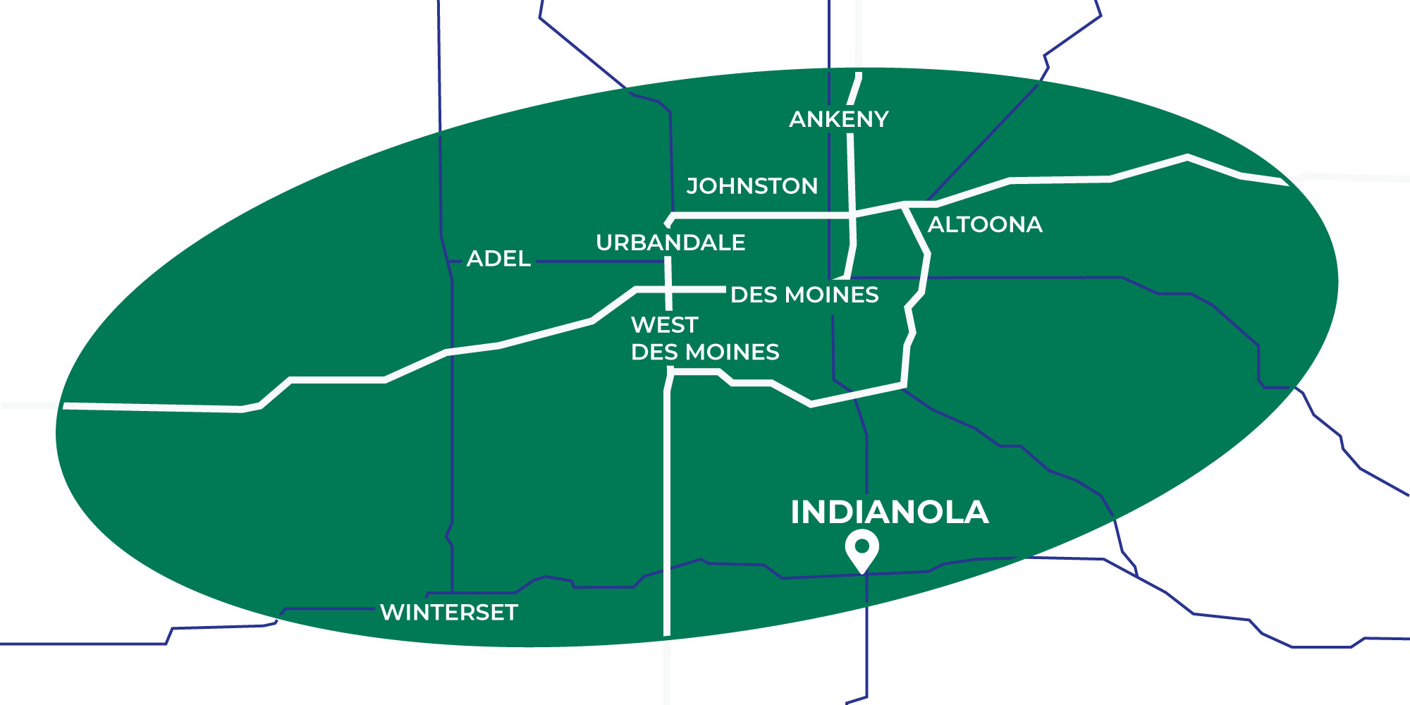 Service area map for PRO-TURF Services lawn and turf care, including Des Moines, Urbandale, Earlham, Winterset, and Ankeny.