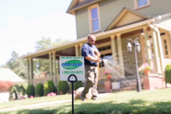 A PRO-TURF Services lawn care professional sprays a front yard for weed control.